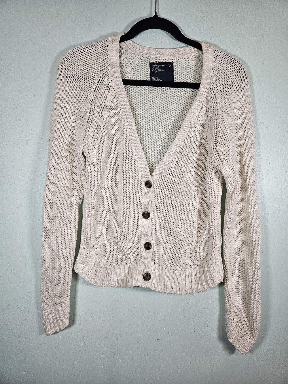 American Eagle Outfitters Light Cream Open-Weave Button Cardigan
